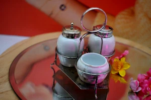Antique Porcelain Three Condiment Holders Silver Plated Stand Nautical Design - Picture 1 of 19