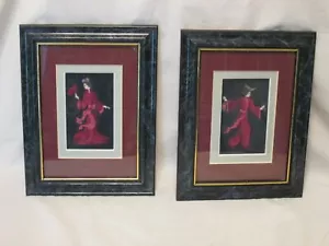 Cuadro Vintage Petit Point Bailarines Japoneses Rojo Negro 2,25x 3,75 8,5x6,25 - Imagen 1 de 5