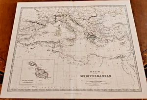 1861 Hand Colour Map Blackwood Basin of the Mediterranean Sea Malta North Africa - Picture 1 of 1