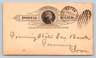 c1893 Postal Card 1c DUPLEX Cancellation BURLINGTON INSURANCE CO Payment Info - Image 1 of 3