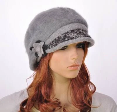 M140 Light Grey Rabbit Fur Wool Brim Hat Women's Winter Beanie Newsboy Cap New - Image 1 of 4