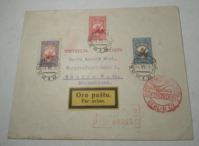1933 Lituania Kaunas Berlín correo aéreo reg cubierta conjunto completo pájaro golondrina experto Foto 1 de 2
