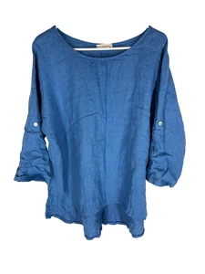 Terzo Millennio Blue Linen Blouse Button Back Women’s Size Medium Coastal Resort - Afbeelding 1 van 6