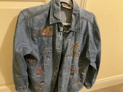 Vintage Bill Blass Denim Jean Shirt Button Front Winter Embroidered Scenes Med - Image 1 of 4