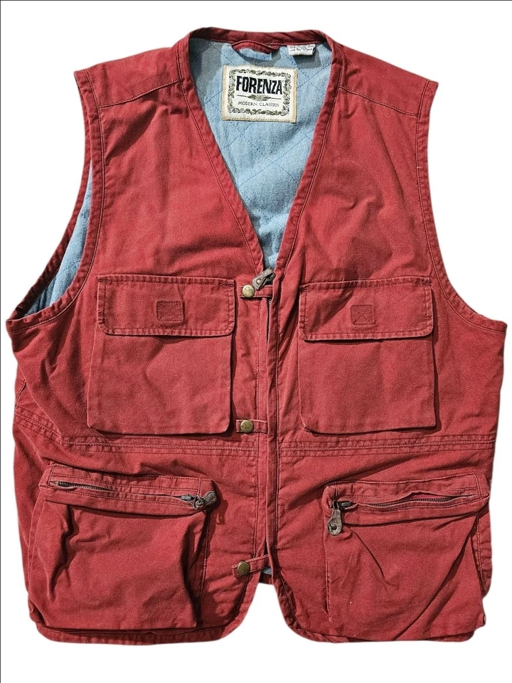 Chaleco utilitario vintage rojo Forenza multi bolsillo hecho en Hong Kong talla grande Foto 1 de 4