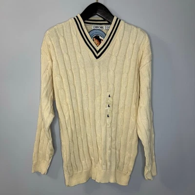 Cherokee Vintage Tennis V-Neck Cable Knit Sweater Cream Cotton Men's L New   - Image 1 of 4