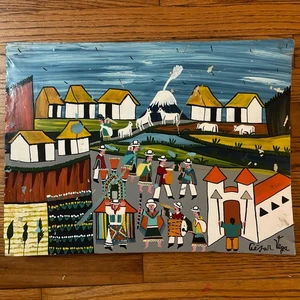 Cesar Vega Ecuador Painting In Sheep Skin Signed - Foto 1 di 7