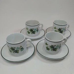 Juego de 4 tazas de té de colección platillos verde hiedra y blanco de Indonesia - Imagen 1 de 12