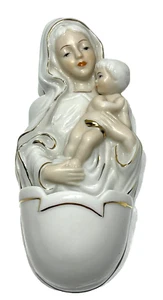 Rara vasca acqua da parete in porcellana Monti Piero Madonna Bambino Gesù bordo oro 6,5" - Foto 1 di 6