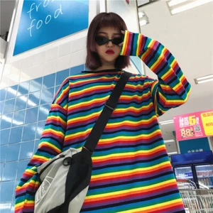 Woman T Shirt Rainbow Stripe Autumn Harajuku Shirt Long Sleeve Plus Size Tops❤ - Picture 1 of 13