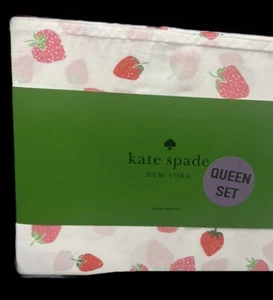 Kate Spade QUEEN Sheet 100% Cotton STRAWBERRIES Pink Red White +SHOWER CURTAIN - Picture 1 of 3