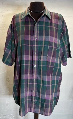 Vintage Mens Main Stream L Button Down Maroon Green Purple Plaid Short Sleeve - Image 1 of 4
