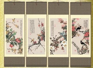 4Pc Chinese Silk Scroll Painting Gongbi Flowers Bird Calligraphy Home Decoration - Picture 1 of 5