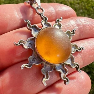 Vintage Halskette Anhänger Kette Sterling Silber 925 Damen Sonne Bernstein signiert fein - Bild 1 von 8