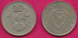 CYPRUS 10 CENTS 1985 XF TYPE 1 COAT OF ARMS,BOARDED VALUE NUMBER,DECORATIVE VASE - Picture 1 of 1