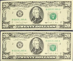 Lot of 2 TWENTY Dollar Bills (CRISPY) Series 1990 $20 Sequential Notes - Picture 1 of 2