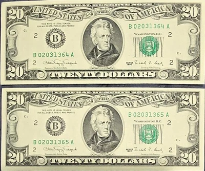 Lot of 2 TWENTY Dollar Bills (CRISPY) Series 1990 $20 Sequential Notes - Image 1 of 2