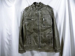 Vintage Grunge  Motorcycle Faux Leather Jacket  Snaps Zippers Patina L Large - Picture 1 of 11