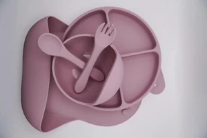 PURPLE Baby Feeding Set Food Grade Silicone Suction Cup Bowl Plate Utensils Bib - Picture 1 of 10
