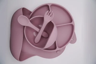 PÚRPURA Juego de Alimentación para Bebé Grado Alimenticio Silicona Ventosa Cuenco Plato Utensilios Babero Foto 1 de 4