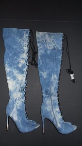 SHOEDAZZLE Blue Acid Wash Denim Thigh High Lace Up Open Toe Stiletto Heel Boots - Picture 1 of 7