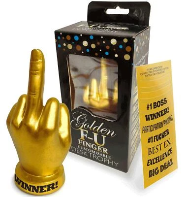LITTLE GENIE The GOLDEN F-U Middle Finger Desk Trophy Award - Customizable! Party GaG Gift