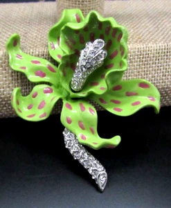 KENNETH J LANE KJL SPOTTED ORCHID ENAMEL CRYSTAL BROOCH PIN BOOK PIECE NIB - Picture 1 of 9