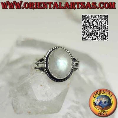 Anello in argento 925 ‰ pietra di luna arcobaleno ovale cabochon contornata da i - Immagine 1 di 4