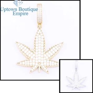 Marijuana Weed Leaf Men's 925 Sterling Silver Gold Plated CZ Pendant Charm*AID - Picture 1 of 8