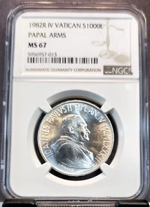 1982 VATICAN SILVER 1000 LIRE PAPAL ARMS NGC MS 67 BRIGHT GEM BU - Picture 1 of 3