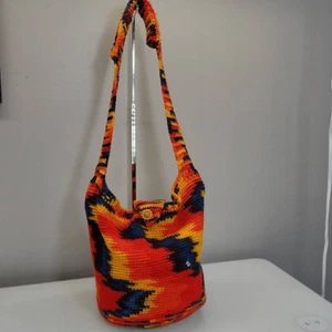 Handmade Knit Crossbody Hobo Bucket Bag Multi Color Hippie Boho Retro 70s Vegan - Picture 1 of 6