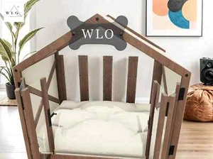 WLO® Nussbaum Giebel moderne Hundehütte, Premium Holz Hundehütte schwarz Kissen - Bild 1 von 5