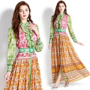 Damen Frühling Sommer Herbst Blumendruck Kragen Langarm Freizeit Party Maxikleid - Bild 1 von 12