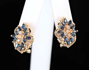 $2,175 14K Yellow Gold Marquise Blue Sapphire Diamond Huggie Omega Back Earrings - Picture 1 of 6