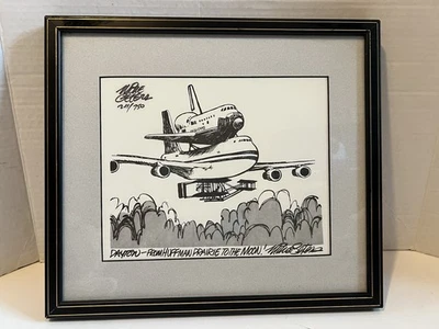 Tira de dibujos animados original enmarcada firmada Mike Peters vuelo del transbordador espacial numerado Foto 1 de 4