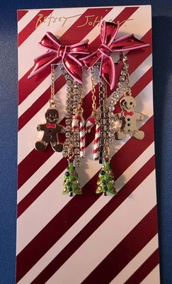 Betsey Johnson Holiday  Metallic Bow Stud Christmas Tree Fringe Drop Earrings  - Image 1 of 2