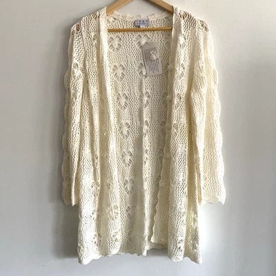 Joan Rivers 钩针开衫大号束腰外衣象牙色心形 V 领毛衣波西米亚风新品 — 第 1/4 张图片