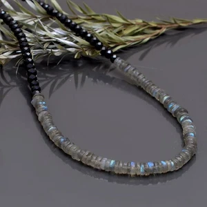 Natural Black Spinel Necklace, Black Spinel Roundelles & Labradorite Wheel Shape - Picture 1 of 3