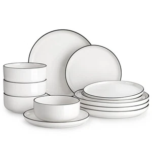 Plates and Bowls Sets, 12 Pieces Modern Porcelain Dinnerware Set for 4 White ... - Picture 1 of 9
