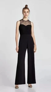 Women's ZARA Black Wide Leg Contrasting Draped Jumpsuit Swiss Dot Lace Size XL - Picture 1 of 5