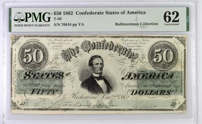 1862 $50 T-50 Confederate States of America Note Currency PMG 62 Bullmaximus Col - Image 1 of 2