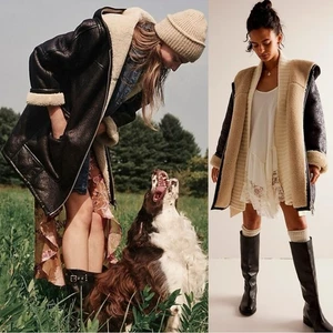 Free People Oversized Sherpa Hoodie Miller Vegan Chunky Jacke Mantel Schwarz Large - Bild 1 von 15