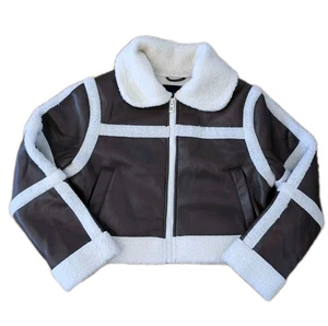 Sherpa Lined Bomber Jacket Women's Brown XL Teddy Faux Fur Leather NEW LOOK - Picture 1 of 13