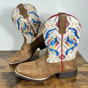Ariat VentTEK Cowboy Boot Youth Sz 3 Brown Cream Leather Square Toe Style - Picture 1 of 11