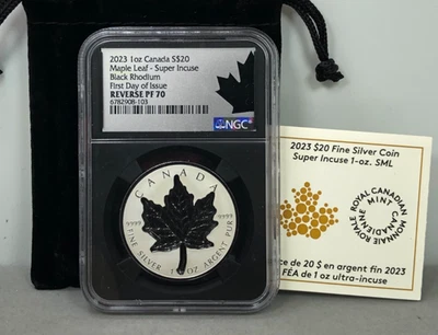 2023 $20 Canada Silver Maple Leaf Super Incuse Black Rhodium NGC Reverse PF70 - Image 1 of 4