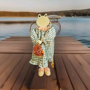 Adorable Wooden Fairy Frog Fishing with Basket & Rustic Charm Decore - Picture 1 of 7