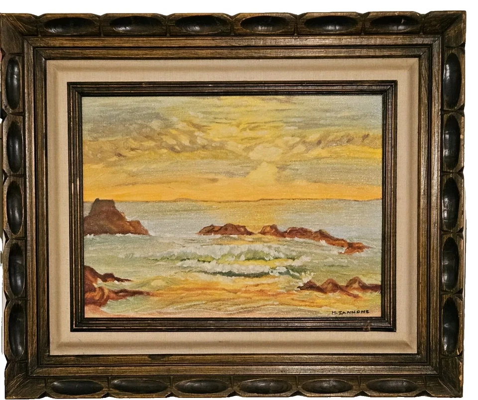 Pintura a óleo original vintage de paisagem marítima ao pôr do sol com ondas suaves ~ assinada. - Imagem 1 de 4