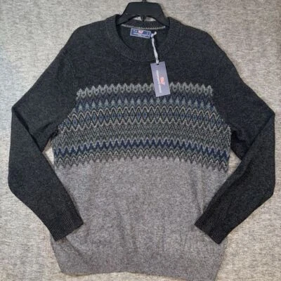 Vineyard Vines Men Fair Isle Sweater Charcoal Gray Heather Merino Blend Sz L NEW - Image 1 of 4