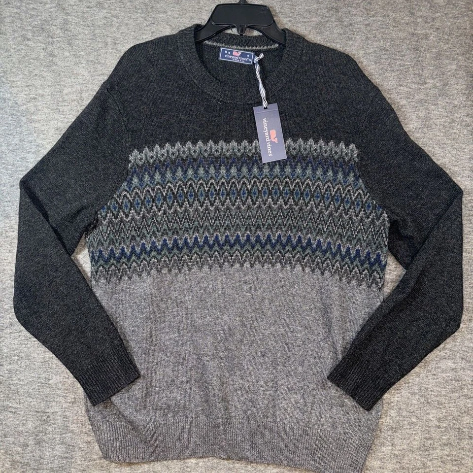 Vineyard Vines Men Fair Isle Sweater Charcoal Gray Heather Merino Blend Sz L NEW - Image 1 of 4