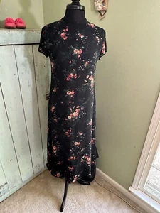 Lauren Ralph Lauren Women Size 8P  A-line Dress Black Floral Silk Midi 90s - Picture 1 of 5
